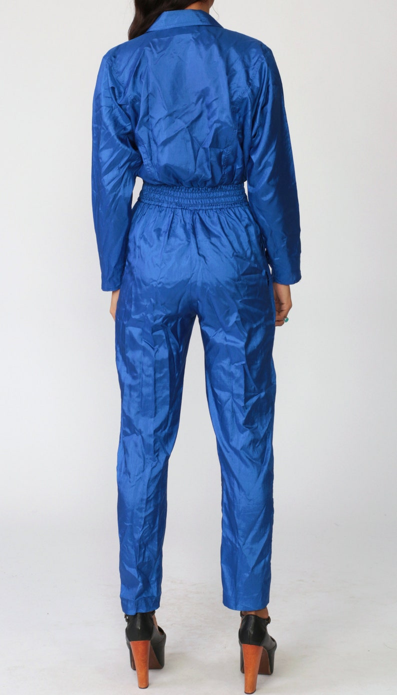 Shiny Blue Jumpsuit 80s Jumpsuit Tapered Pant Wrap High | Etsy