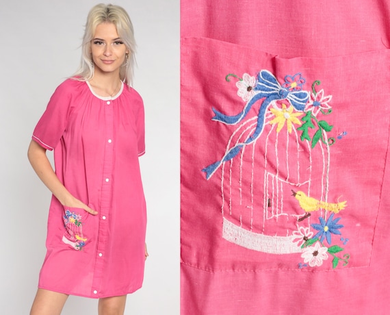 Pink Nightie 80s Pajama Dress Floral Bird Embroid… - image 1