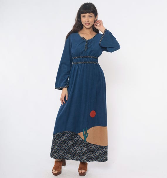 70s Cactus Dress Maxi Blue Desert Scene Floral Trim Prairie Cottage Core Empire Waist Boho Vintage Southwestern Sun Applique Hippie Medium M