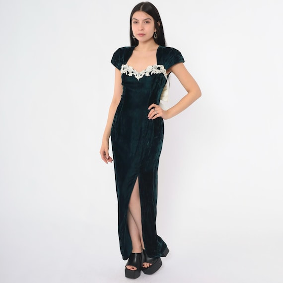 Vintage Green Velvet Gown 80s 90s Party Maxi Open Back Bow Lace Trim High Slit Cocktail Formal Evening Sweetheart Neckline 1990s Small S
