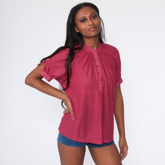 Deep Pink Shirt Trapeze Button Up Shirt 70s Blouse Tent Top Boho 1970s Shirt Disco Top Vintage Plain Short Sleeve Medium