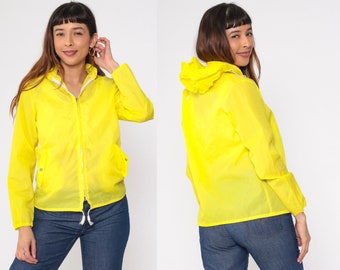 Yellow Raincoat 70s Windbreaker Semi-Sheer Nylon Coat Basic Seventies Lightweight Shell Jacket Light Zip Up Vintage 1970s Extra Small xs