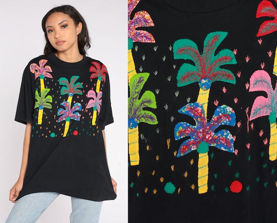 Palm Tree T Shirt 90s Embroidered Tropical Graphic Tee Black Vintage Patchwork Beach Tshirt Retro Vacation Surfer Print 1990s Extra Large xl