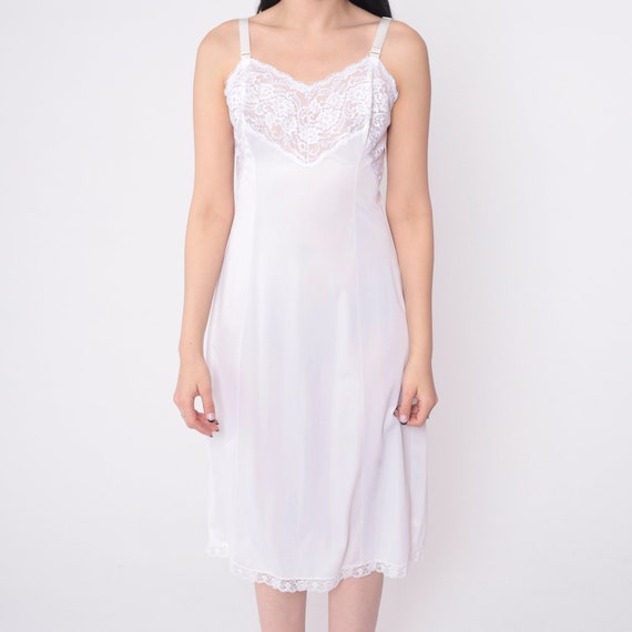 White Lace Slip Dress 36 -- 70s Lingerie Nightgown Midi Boho Deep V Neck Vintage Empire Waist Spaghetti Strap Wondermaid Medium