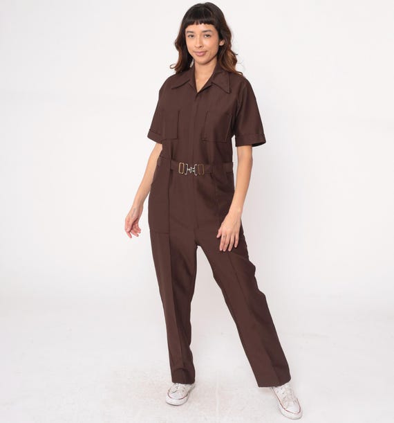 70s Brown Coverall Jumpsuit Utility Workwear Belted Collared One Piece Boiler Suit Vintage Grandpa Style Dark Academia Chocolate Medium M