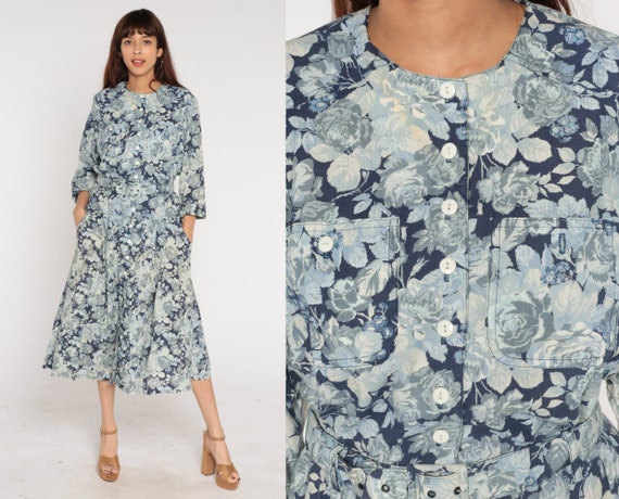 Blue Floral Dress 80s Midi Dress Button Up Shirtdress Retro Flower Print Day Dress 3/4 Sleeve Boho Modest Summer Dress Vintage 1980s Large L