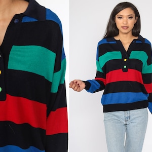 Striped Sweater 80s Knit Sweater Slouch Green Blue Button Up Primary Color 1980s Jumper Vintage Pullover Retro Striped Large