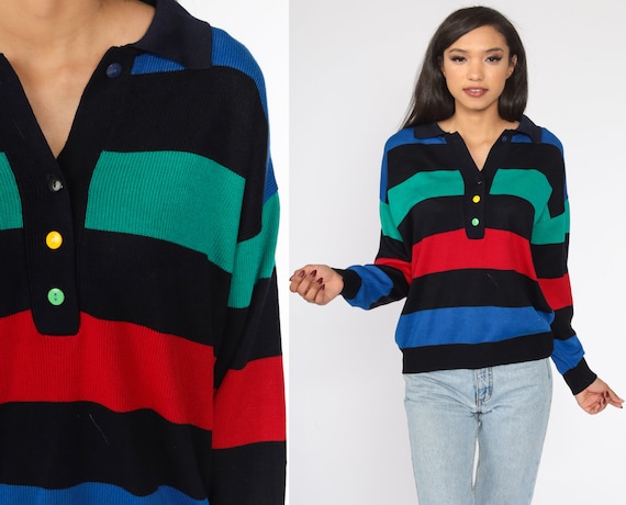 Striped Sweater 80s Knit Sweater Slouch Green Blue Button Up Primary Color 1980s Jumper Vintage Pullover Retro Striped Large