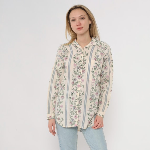 90s Floral Button Up Shirt Cream Blue Pink Botanical Print Cotton Long Sleeve Collar Cottagecore Fairycore Chest Pocket Vintage Small S