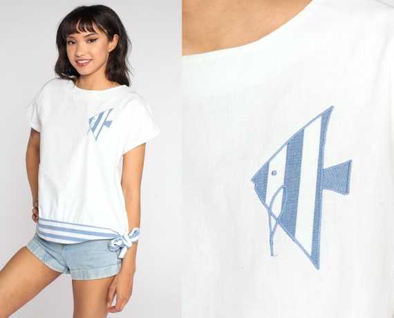 Fish Shirt Tropical Tshirt 80s Fish Top Graphic Blouse White Nautical Top Vintage Under The Sea Print Cap Sleeve 1980s T Shirt Small