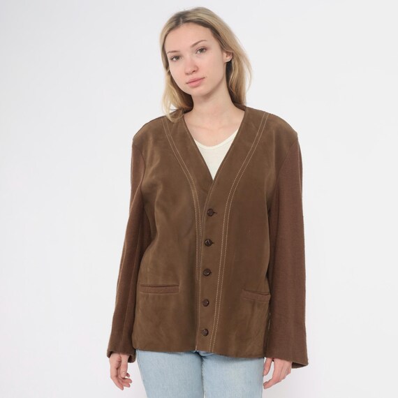 70s Brown Cardigan Button Front V Neck Knit Sleeves Wool Vintage Jacket Preppy Academic Grandpa Cozy Sweater Blazer Large L