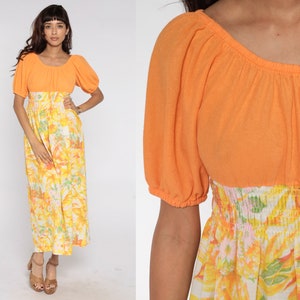 Floral Maxi Dress 70s Peasant Dress Orange Boho Chic Empire Waist Dress 1970s Bohemian Vintage High Waist Short Sleeve Yellow Small Medium