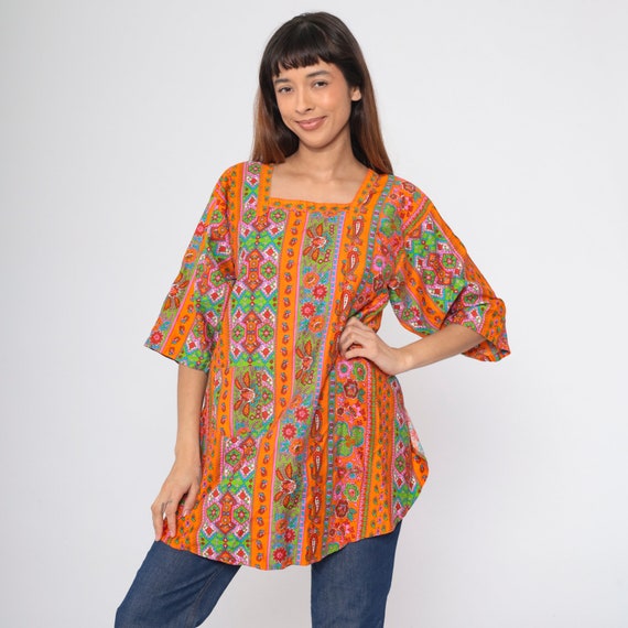 70s Floral Apron Top Psychedelic Paisley Blouse Open Tie Back Tunic Orange Smock Shirt Groovy Retro Hippie Summer Vintage 1970s Small S