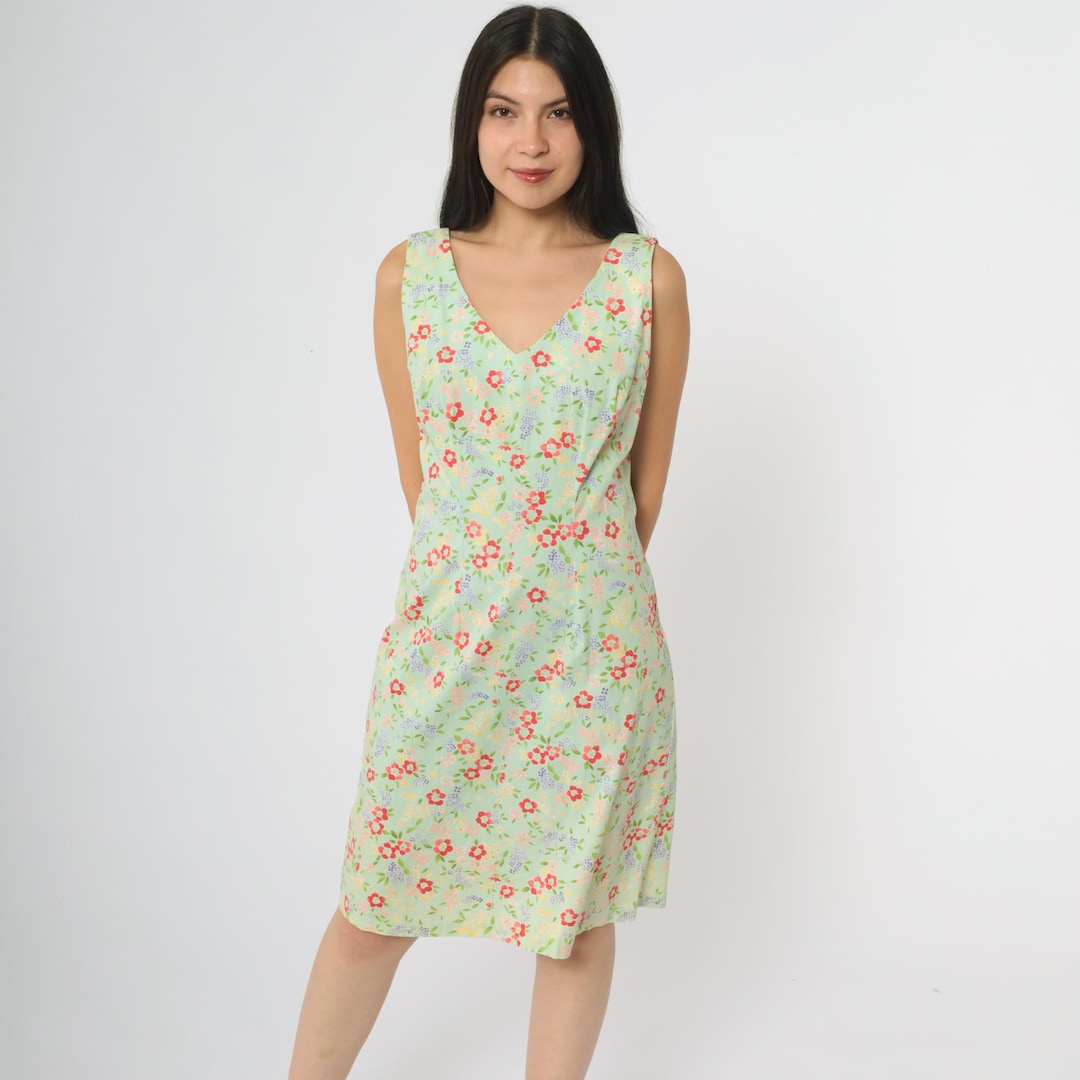 Polyester Sundress Floral Mini Dress Mint Green 90s Print Cotton Polyester Vintage Grunge ...
