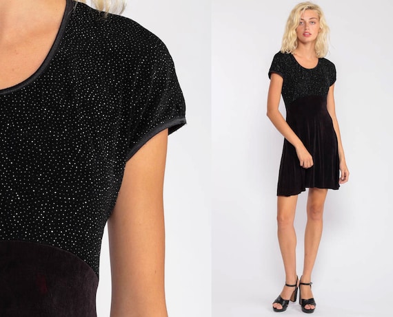 Black Party Dress 90s Grunge METALLIC Mini Short Sleeve Babydoll 80s Cocktail Vintage Gothic Witch Minidress Goth Sparkly Medium