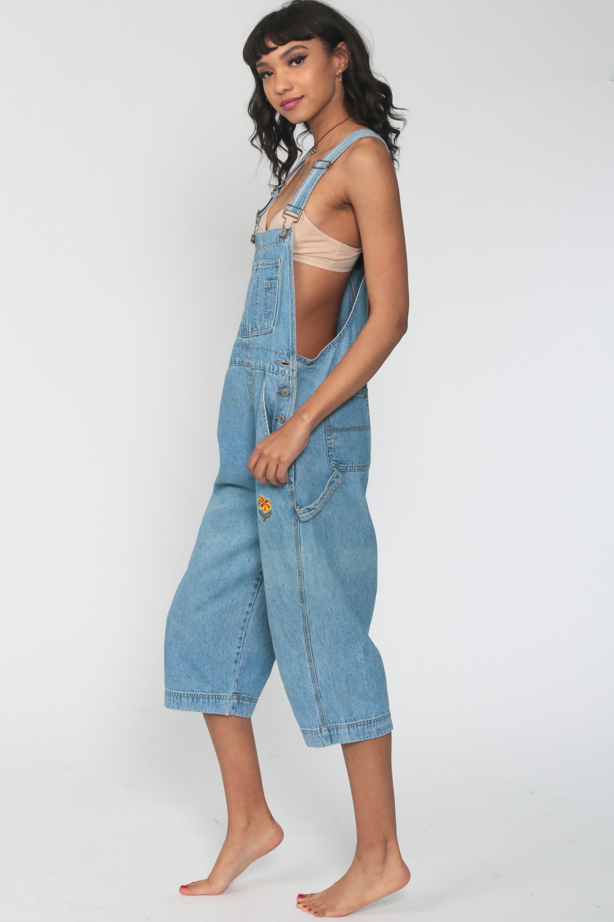 Cropped Denim Overalls Embroidered 