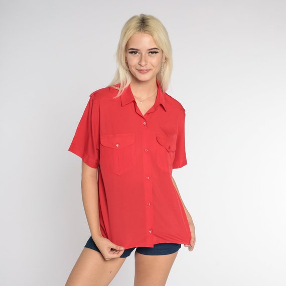 Diane Von Furstenberg Top 80s Red Button Up Blouse Short Sleeve Collared Shirt Preppy Basic Shoulder Epaulette Designer Vintage 1980s Medium