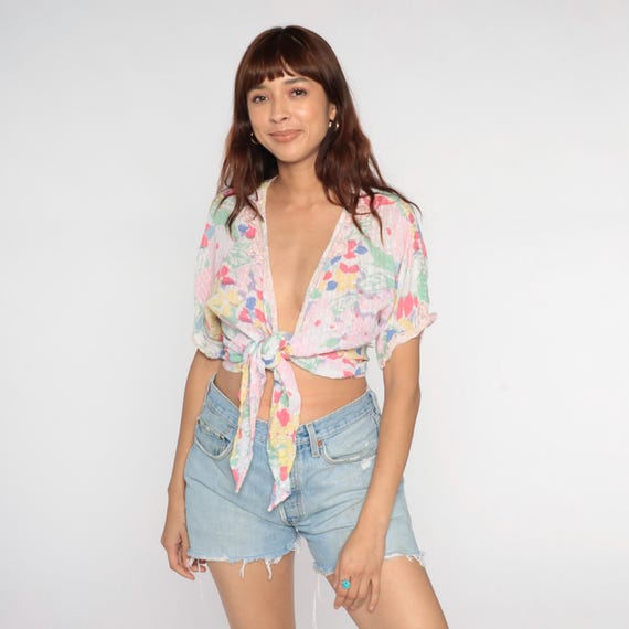 Pastel Floral Crop Top 90s Watercolor Print Pink BlueTie Front Short Sleeve Sheer Cottagecore Coquette Summer Romantic Vintage Medium Large