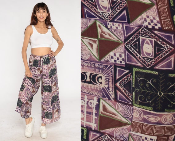 90s Patchwork Pants Boho Abstract Print Wide Leg … - image 2