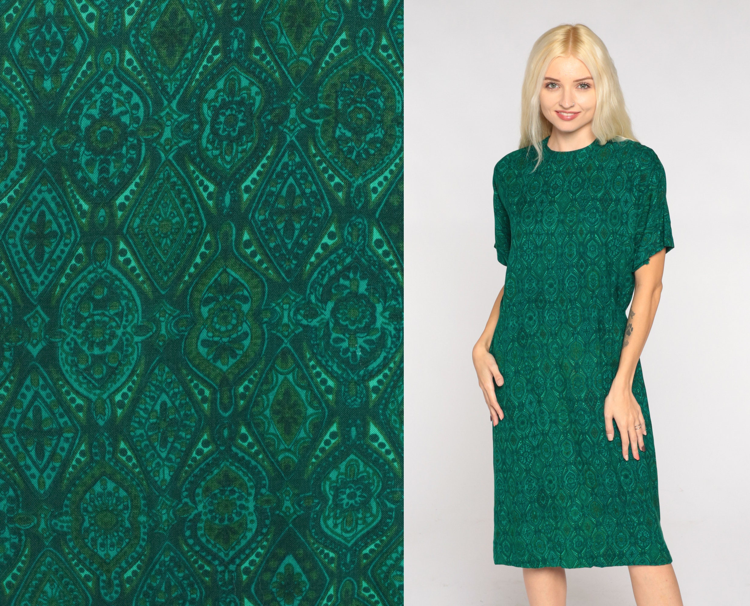 60s Shift Dress Green Tile Print Day Dress Retro Knee Length Midi Dress Short Sleeve Casual Sixties Geometric Pattern Vintage 1960s Small S 