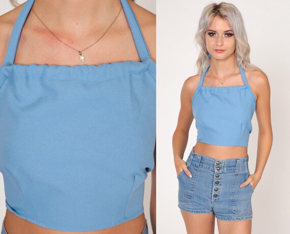 70s Halter Top Baby Blue Crop Top Open Back Tank Top Cropped Shirt Backless Hippie Boho Festival Seventies Party Vintage 1970s Summer Small