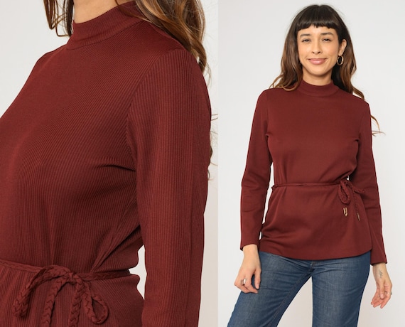 70s Mock Neck Shirt Burgundy Ribbed Top Mod Belted Long Sleeve Blouse 1970s Retro Top Vintage Plain Basic Top Small S