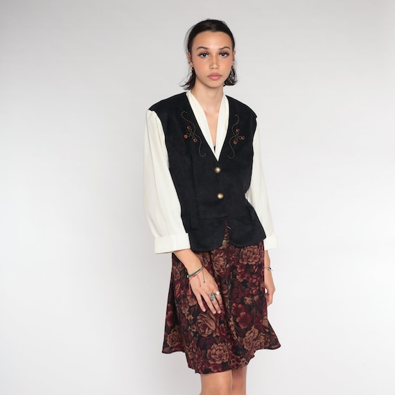 Attached Vest Dress 90s Layered Mini Dress Floral Print Button up Long Sleeve White Black Studded Retro Secretary Granny 1990s Medium Large