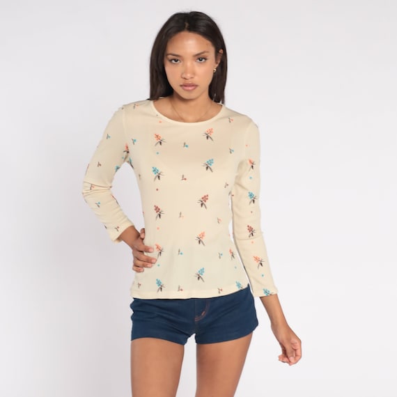 Embroidered Floral Top 70s Cream Flower Shirt Retro Long Sleeve T-shirt Hippie Bohemian Simple Basic Print Blouse Vintage 1970s Small Medium