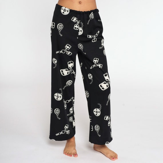 70s Bell Bottom Pants Black White Chain Print High Waisted Trousers Boho Flared 1970s High Waist Hippie Vintage Bohemian Medium