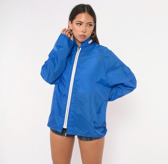 70s Cobalt Windbreaker Jacket Blue Zip Front Hooded Royal Lightweight Rain Shell Coat White Zipper Raglan Sleeve Sporty Unisex Mens Medium M