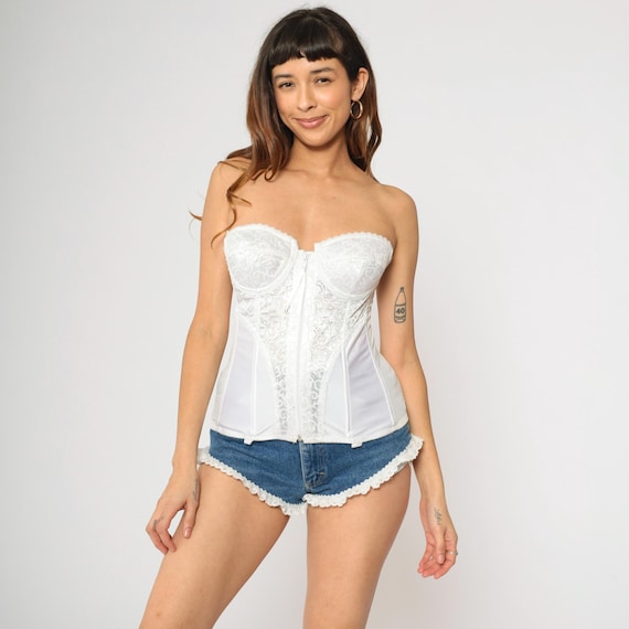 Y2K White Lace Corset Bustier 36B Bra Strapless Zip Front Frederick's of Hollywood Sheer Panel Vintage Lingerie 2000s 36 B