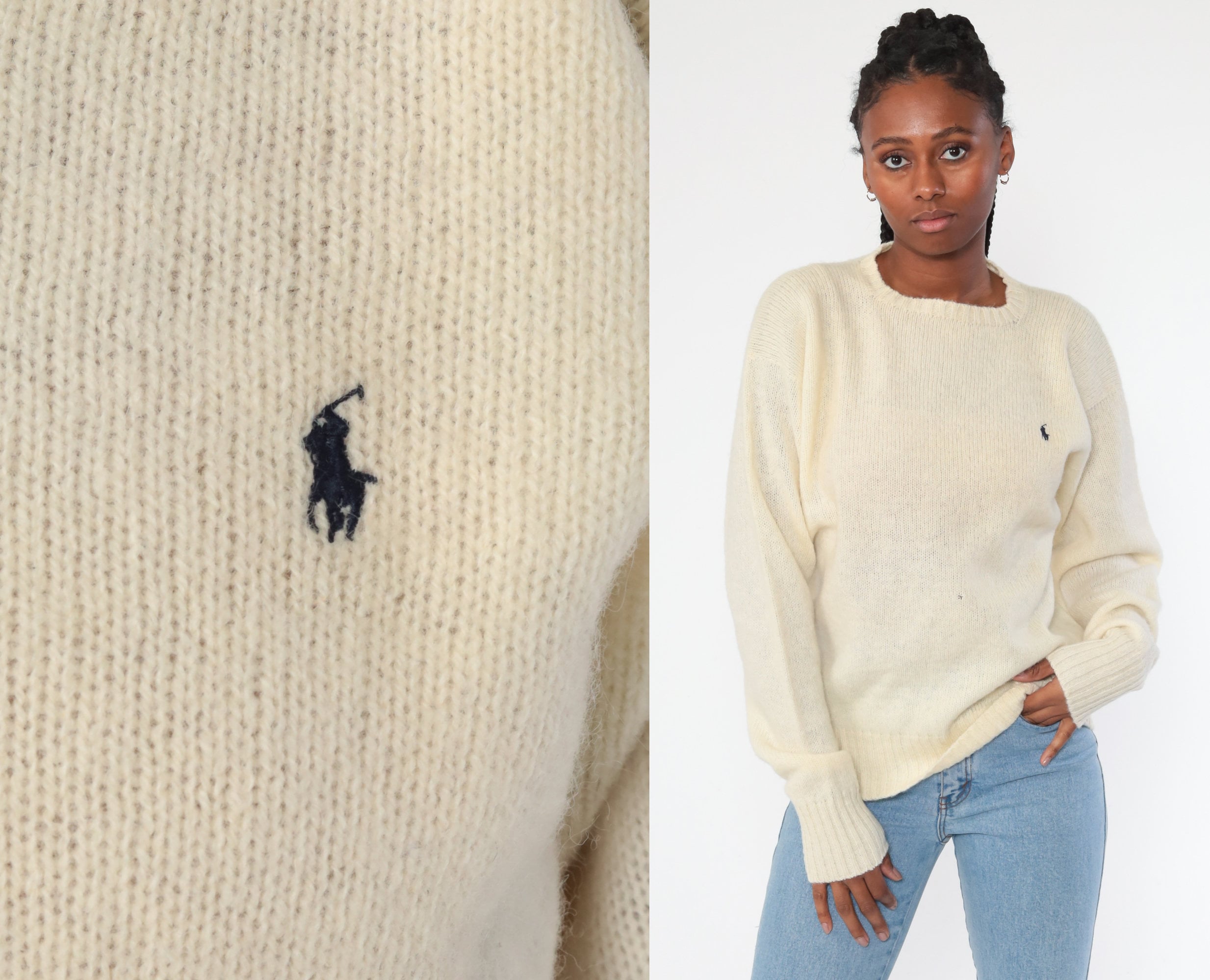 Ralph Lauren Sweater 90s WOOL Sweater Cream Sweater Polo Sport Knit Slouchy Preppy Pullover Jumper Vintage Medium Large Etsy