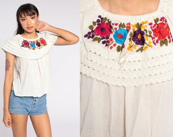 Cream Mexican Blouse Peasant Embroidered Top Hippie Boho Off Shoulder Cotton Tunic Bohemian Floral Vintage Smock Tent Shirt Small S