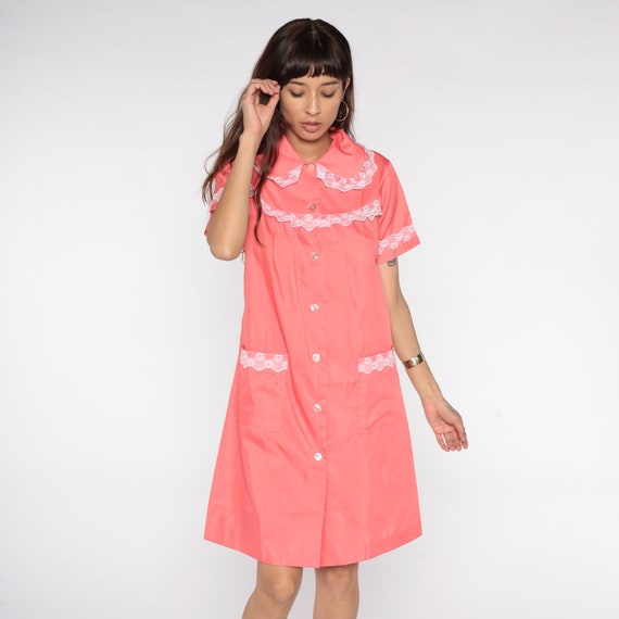 60s House Dress PINK Lace Day Dress Loungewear Bo… - image 3