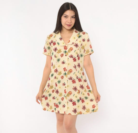 90s Floral Button Front Dress Cream Short Sleeve Collared Shift Mini Watercolor Daisy Print A Line Summer Cottagecore Evan Picone Medium M