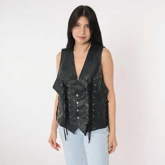 90s Black Leather Biker Vest Vintage Lace Up Corset Snap Button Up Vest Top Rocker Sleeveless Festival Punk Shirt V Neck 1990s Small Medium