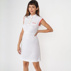 70s White Dress Mini Dress Button Up Cap Sleeve Simple Dress 1970s Plain Tennis Dress Ringer Vintage Classic Minidress High Waist Small 4