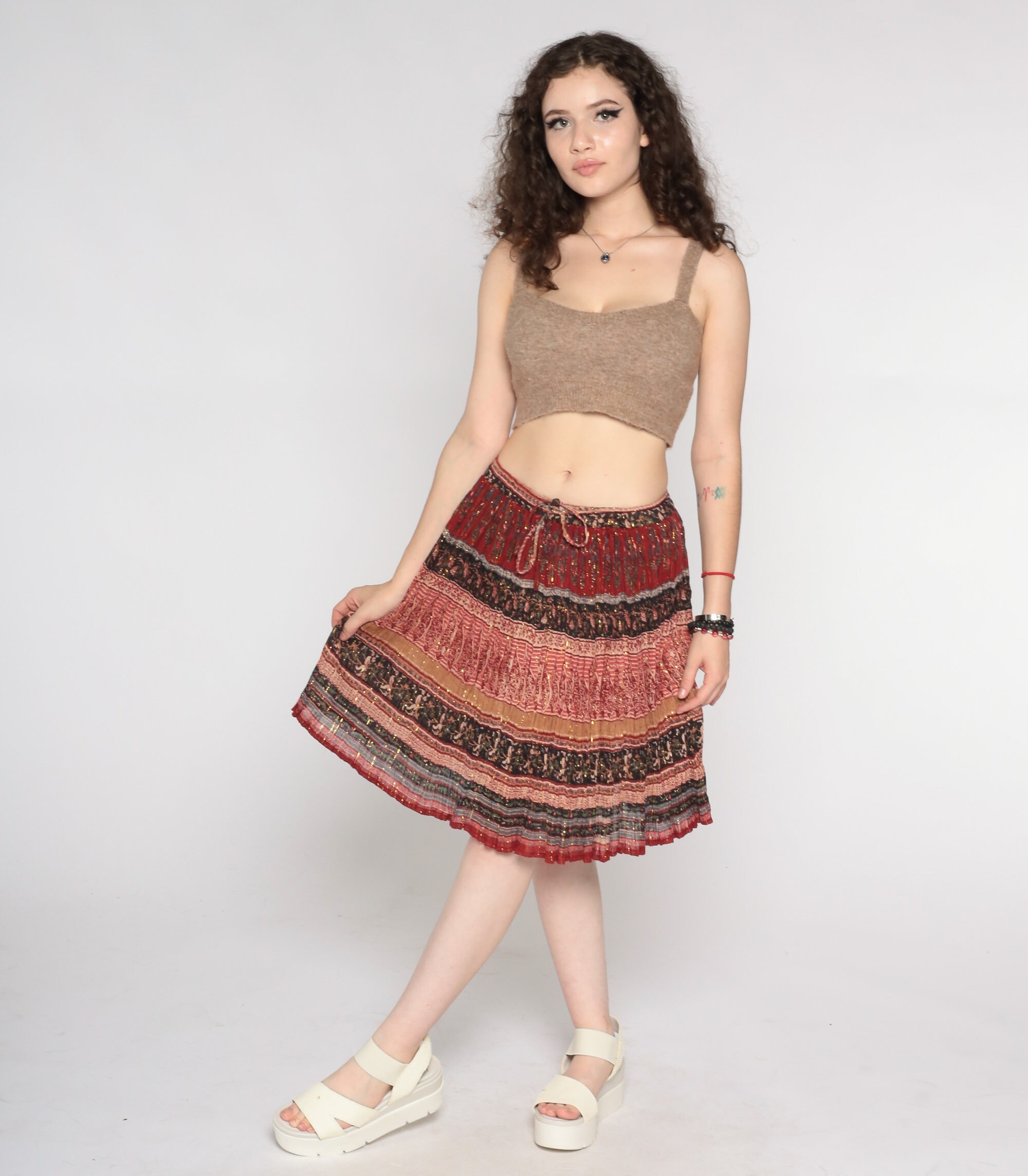 Gauze Broomstick Skirt 90s Red Metallic Floral Mini Bohemian Skirt