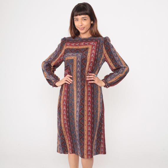 80s Southwestern Dress Long Sleeve Burgundy Teal Orange Rust Geometric Vintage Shift Bohemian Pattern Earth Tones Western Leslie Fay Medium