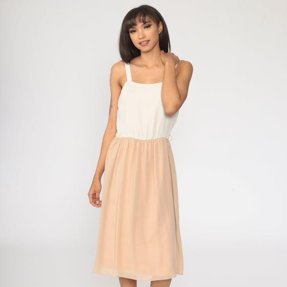 Off-White Sundress Tan 70s Midi Dress 80s Boho Tank Dress Sleeveless Vintage Bohemian Sun Retro High Waist Retro Summer Extra Small xs s
