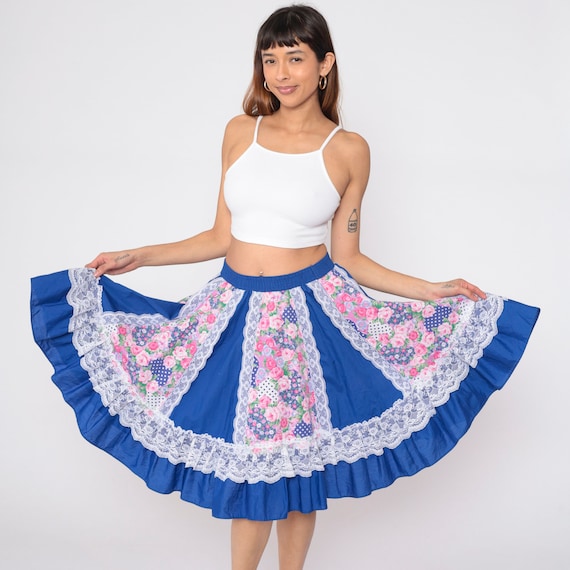 Floral Lace Prairie Skirt 70s Blue Tiered Square Dance Skirt Retro Cottagecore Flower Print High Waisted Vintage 1980s partners please Small