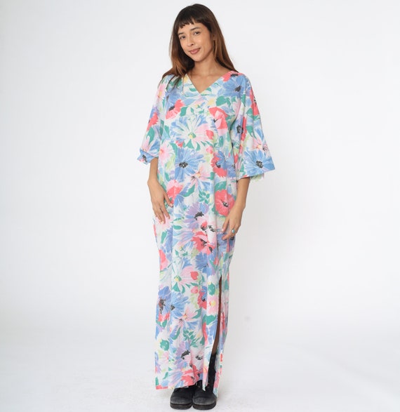 Floral Maxi Dress 80s White Watercolor Garden Dress Boho Surplice V Neck Column Side Slit Dress 3/4 Sleeve Vintage 1980s Small Medium Large