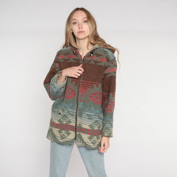 90s Woolrich Blanket Jacket Vintage Southwestern Hooded Jacket Wool Blend Zip Up Hoodie Boho Brown Blue Tapestry Coat 1990s Men's Medium