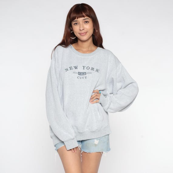 New York City Sweatshirt 90s Gray Crew Neck Cotton Blend Long Sleeve Minimalist Streetwear Casual NYC Pullover Gorpcore Extra Large XL