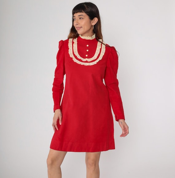 60s Mini Dress Eyelet Lace Red Velour Puff Sleeve Vintage White Eyelet Trim Long Sleeve Mod Style Holiday Coquette Victorian Small S