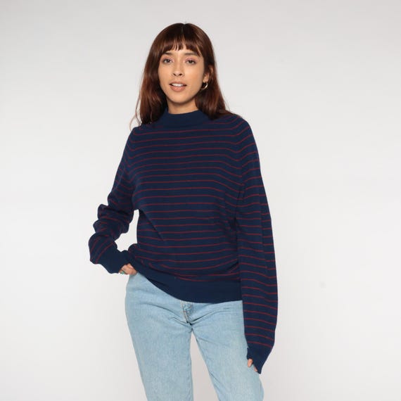 Preppy Sweater 80s Vintage Vaughn Navy Blue Red Striped Lambswool Mock Neck Nautical Classic Sailor Ivy League Fashion Winter Layers Medium