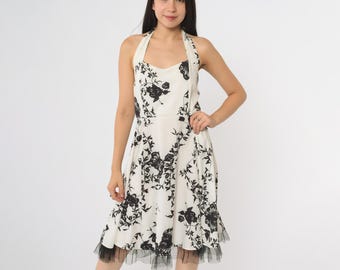 Floral Halter Dress Y2K Black White Rose Print Tulle Hem Backless Midi Polyester Romantic Vintage Summer Party Chic Trendy Large L 12