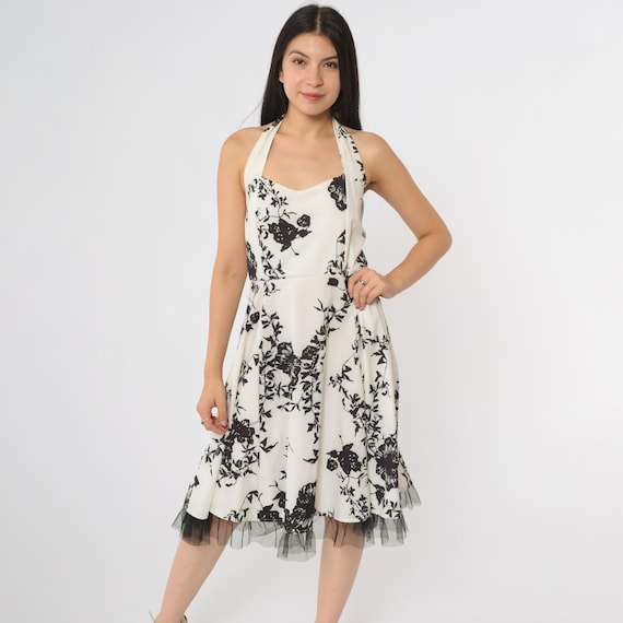 Floral Halter Dress Y2K Black White Rose Print Tulle Hem Backless Midi Polyester Romantic Vintage Summer Party Chic Trendy Large L 12
