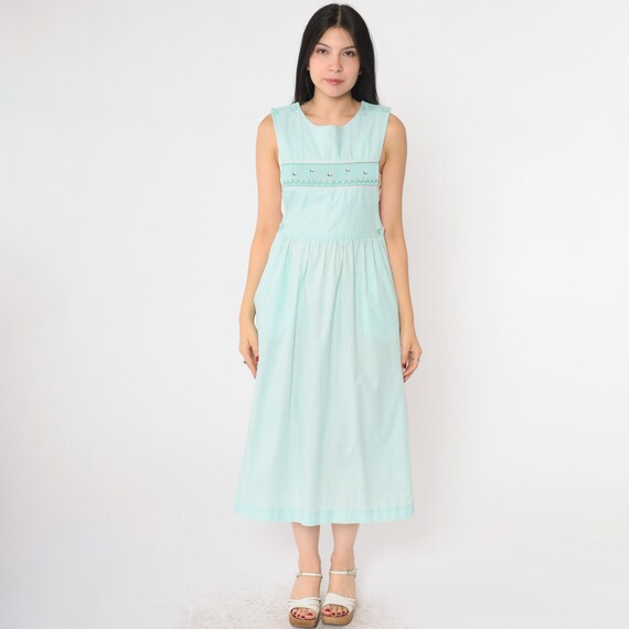 Vintage Embroidered Jumper Dress 80s Bumble Bee Floral Seafoam Midi Dress Low Armhole Pinafore Overall 1980s High Waist Sleeveless Small