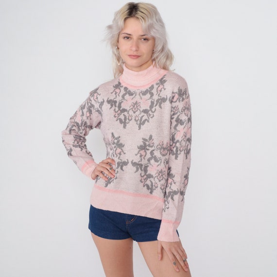 Baby Pink Floral Sweater 90s Wool Blend Knit Pullover Mockneck Sweater Abstract Flower Print Crewneck Pastel Boho Vintage 1990s Small S